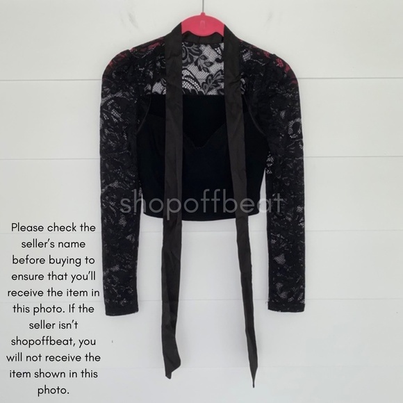 Black Lace Long Sleeve Satin Bow Tie Neck Crop Top Small - Picture 8 of 12
